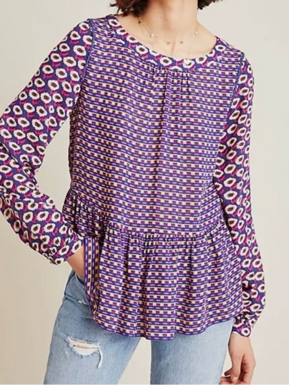 Maeve By Anthropologie Cheyenne Geometric Peplum Blouse Flowy Viscose Spring 2X